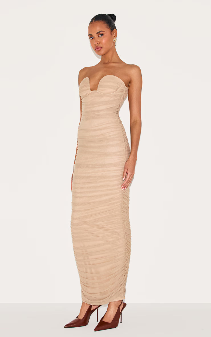 Mushroom Mesh Ruched Bandeau Maxi Dress