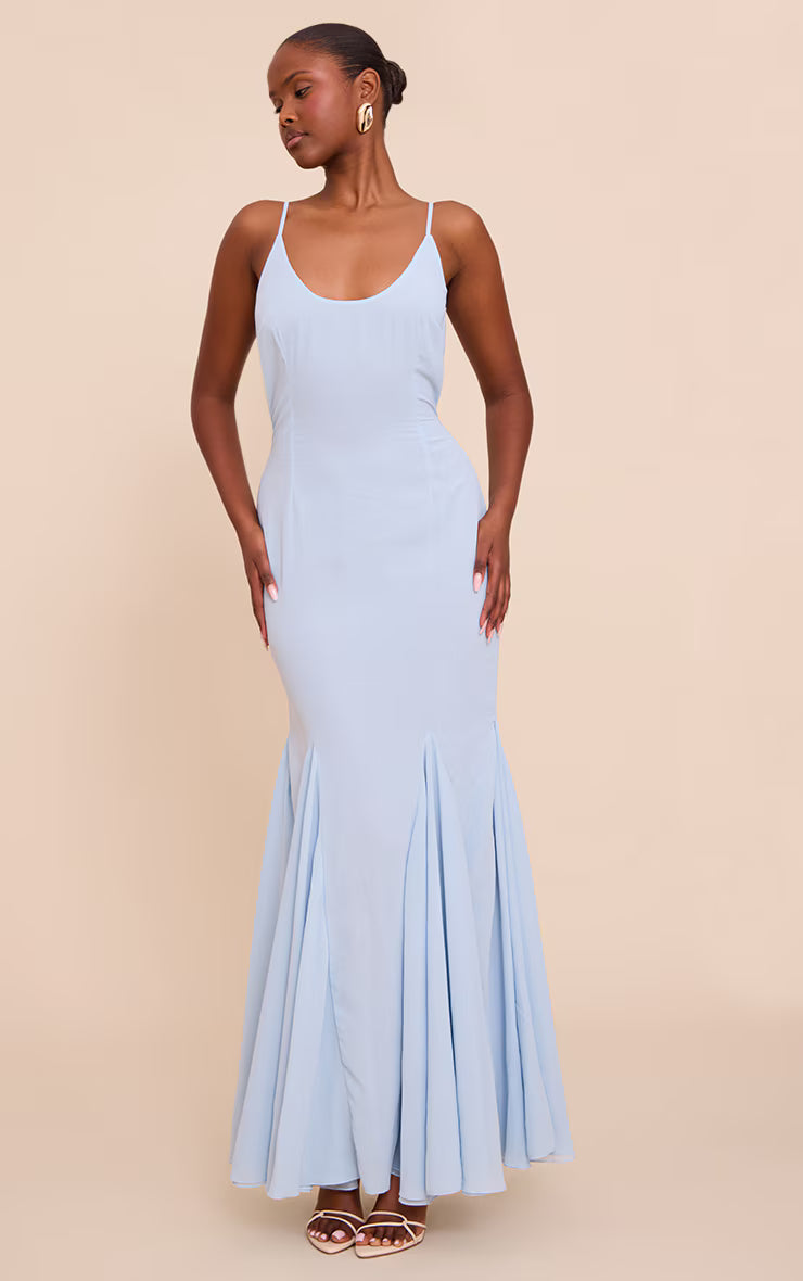 Pale Blue Chiffon Scoop Neck Cowl Back Sleeveless Maxi Dress