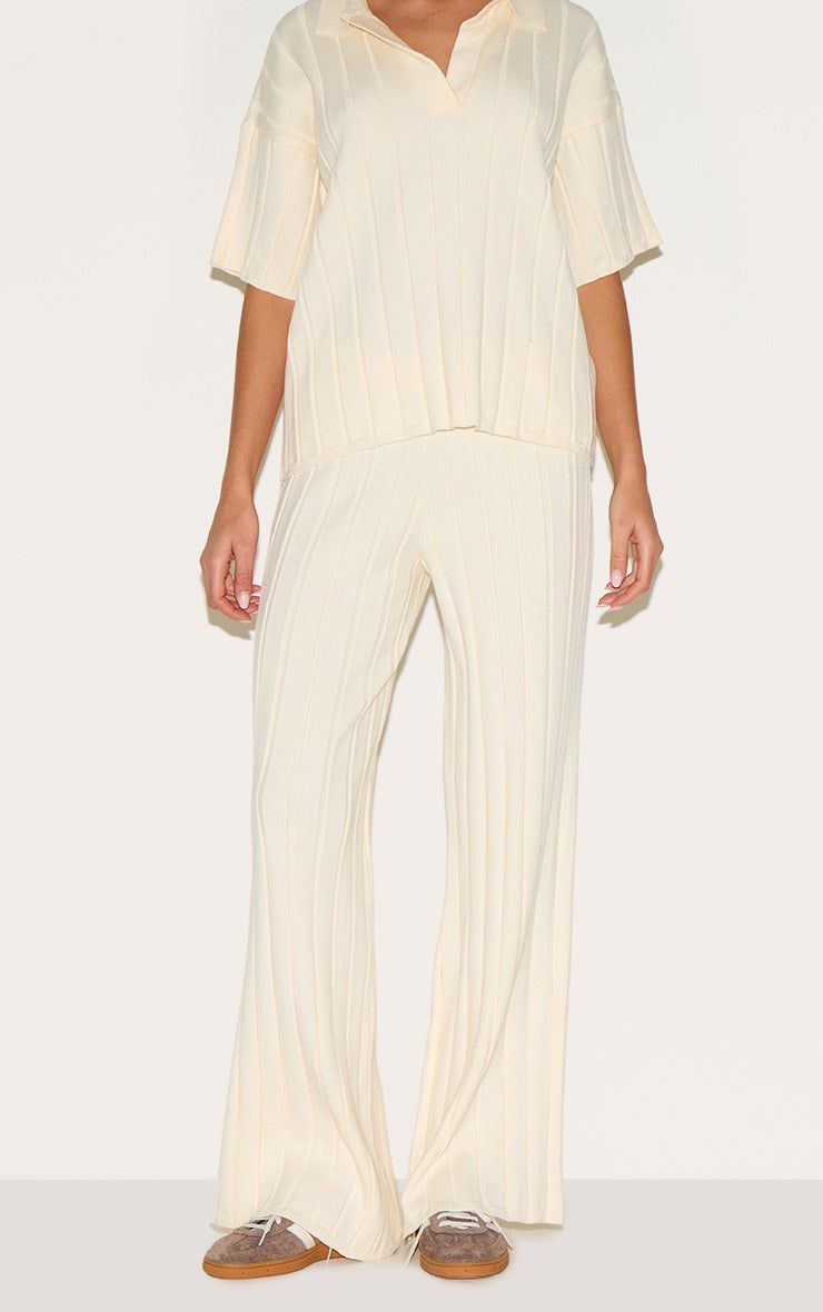 Cream Wide Rib Knit Pants