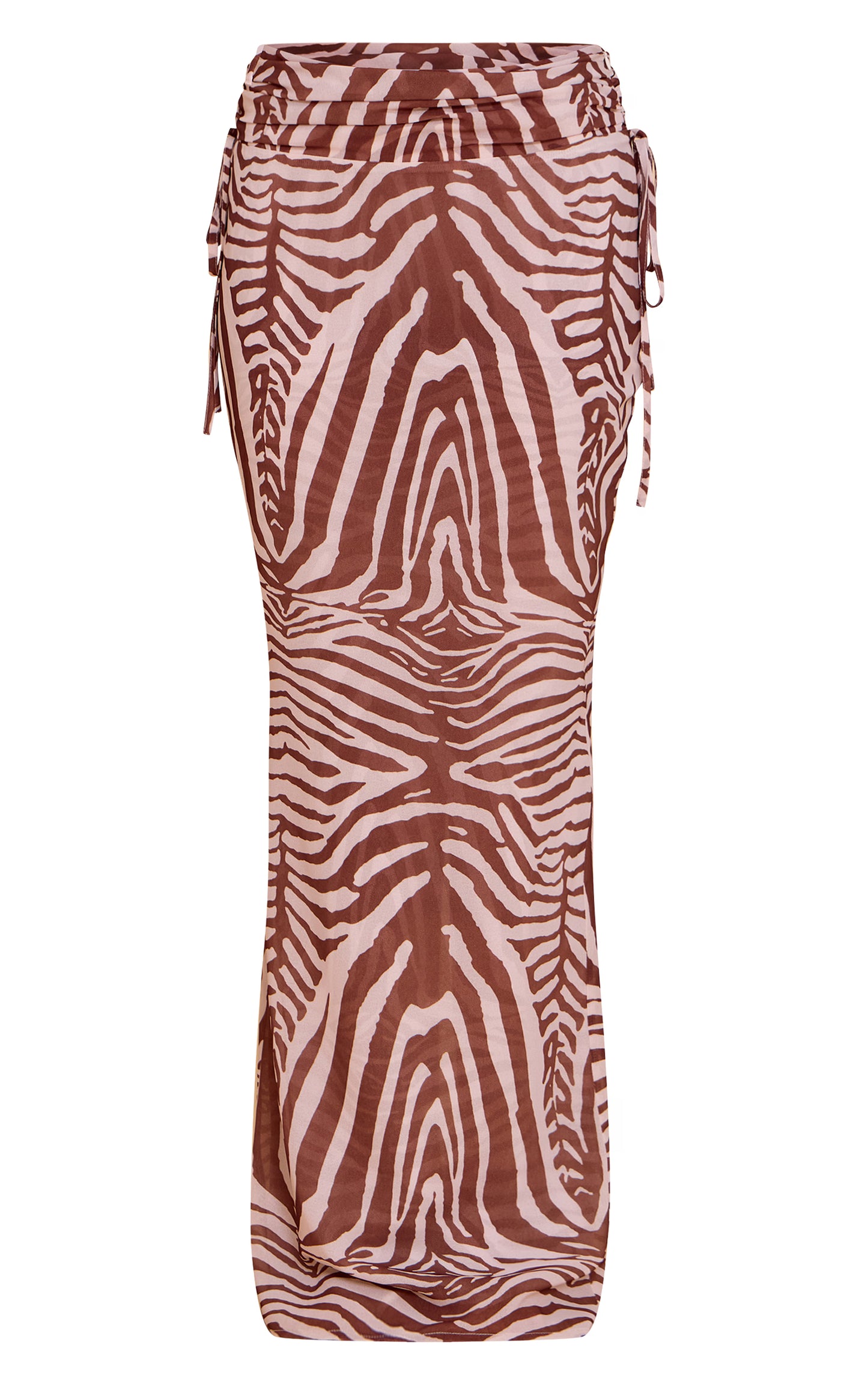 Brown Zebra Print Ruched Chiffon Maxi Skirt
