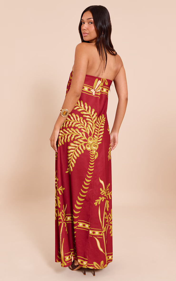 Deep Red Palm Print Woven Bandeau Maxi Dress