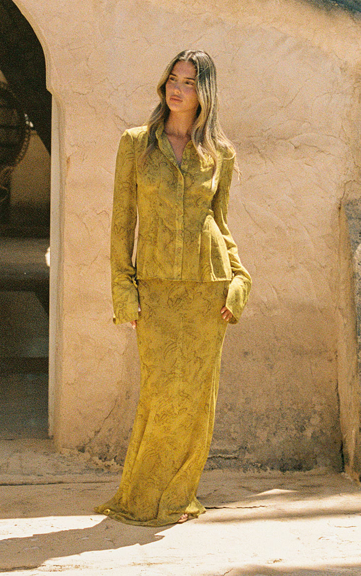 Chartreuse Abstract Print Chiffon Fishtail Maxi Skirt
