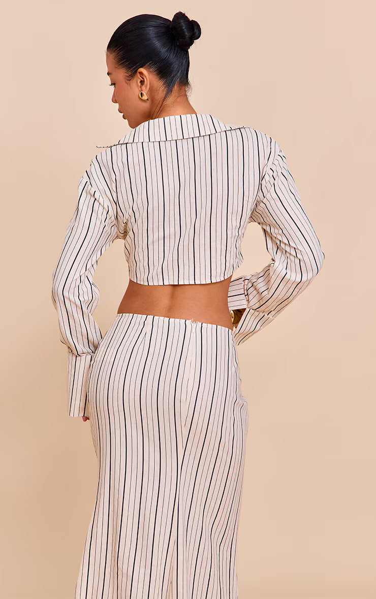 Sand Striped Linen-Blend Tie Front Cropped Shirt