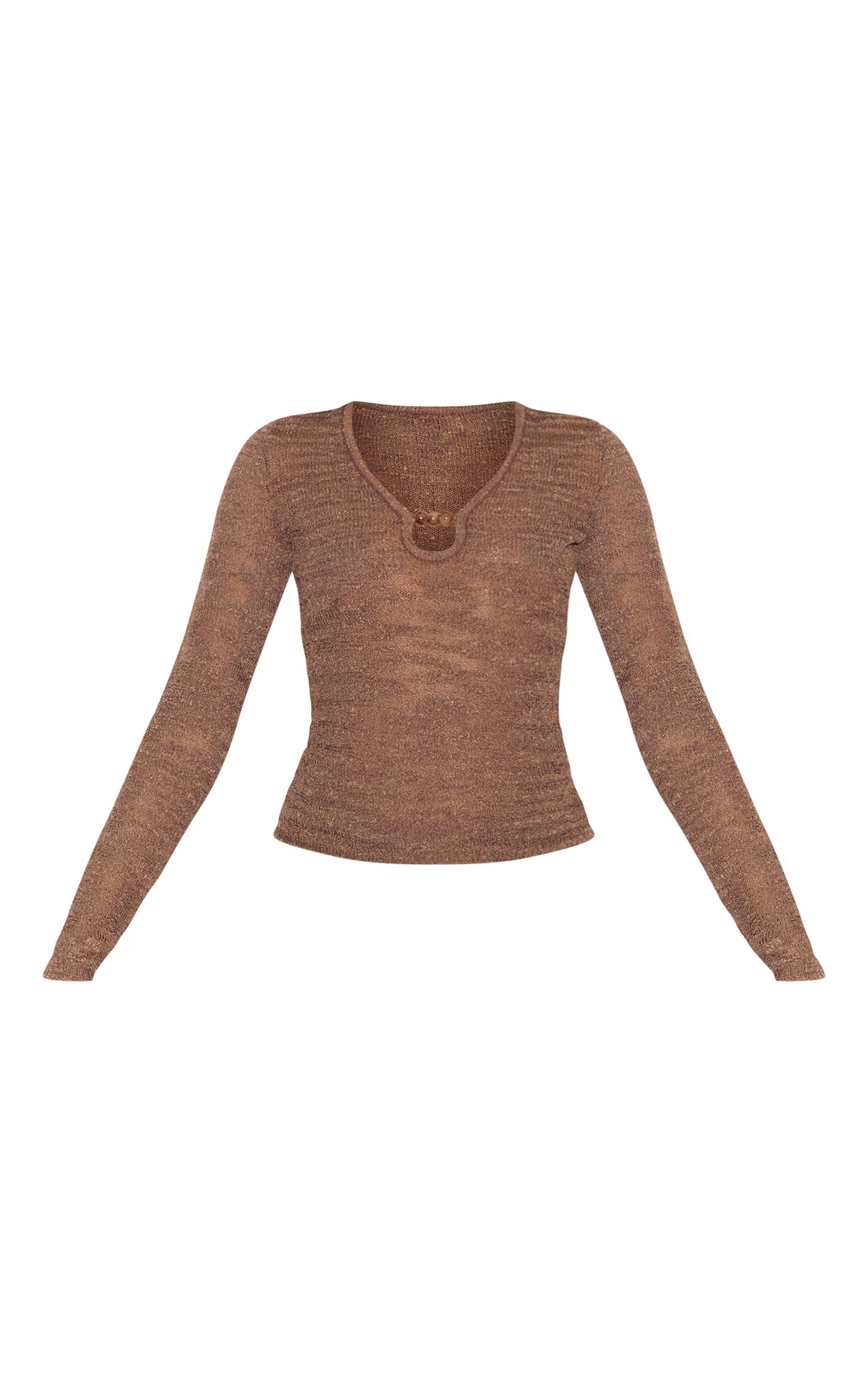 Chocolate Sheer Bobble Crochet Long Sleeve Beaded Keyhole Cut Out Top