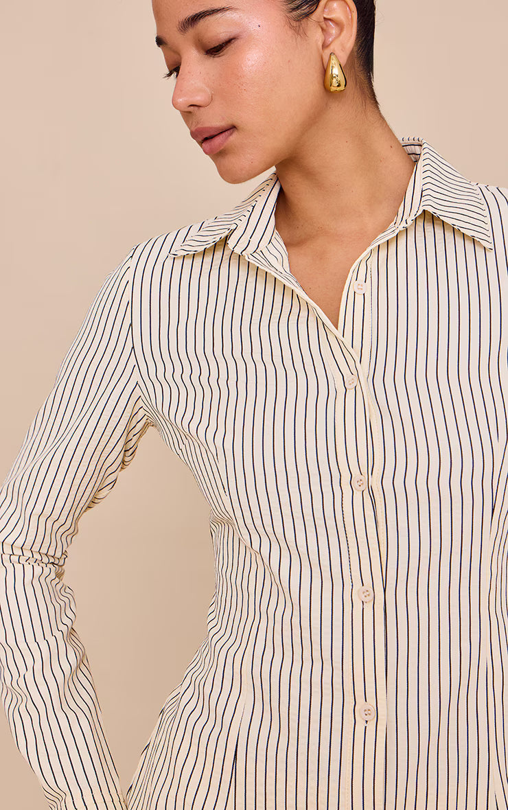 Beige Striped Woven Fitted Shirt