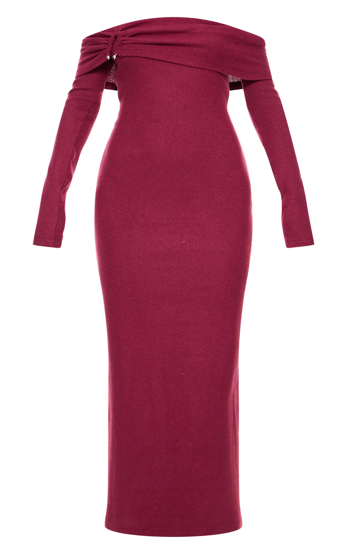 Burgundy Heavy Brushed Rib Bardot Trim Maxi Dress