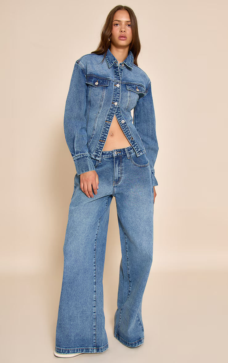 Mid Blue Wash Mid Waist Wide Leg Jeans