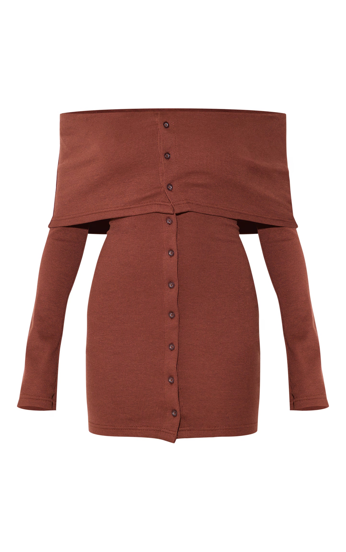 Chocolate Rib Fold Over Bardot Button Mini Dress