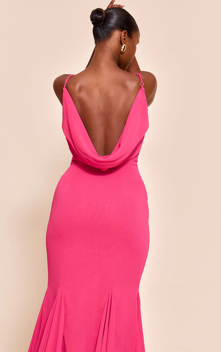 Fuschia Chiffon Scoop Neck Cowl Back Sleeveless Maxi Dress