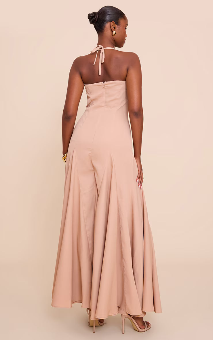 Taupe Woven Halterneck Ruched Bust Detail Maxi Dress