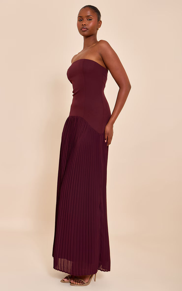 Plum Woven Bandeau Pleated Hem Detail Maxi Dress