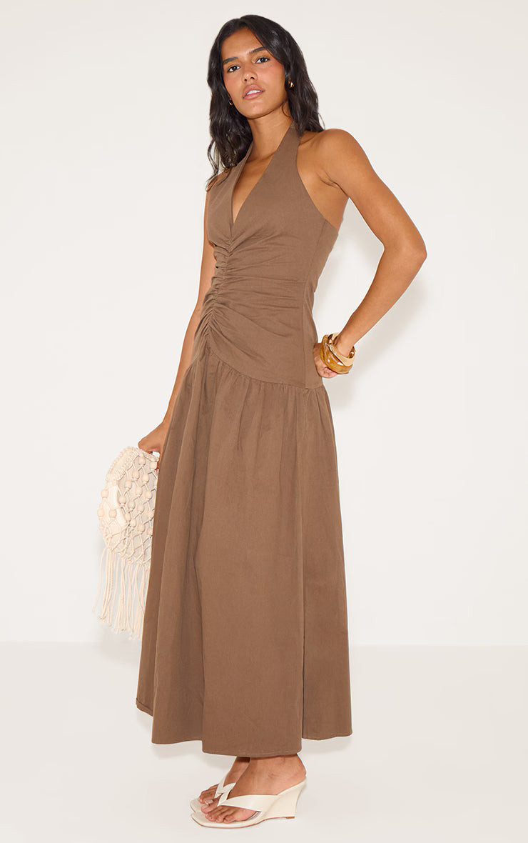 Chocolate Woven Ruched Detail Maxi Dress