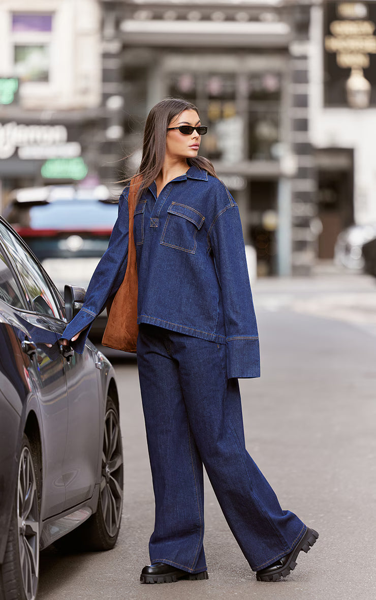Indigo Contrast Stitch High Waist Wide Leg Jeans