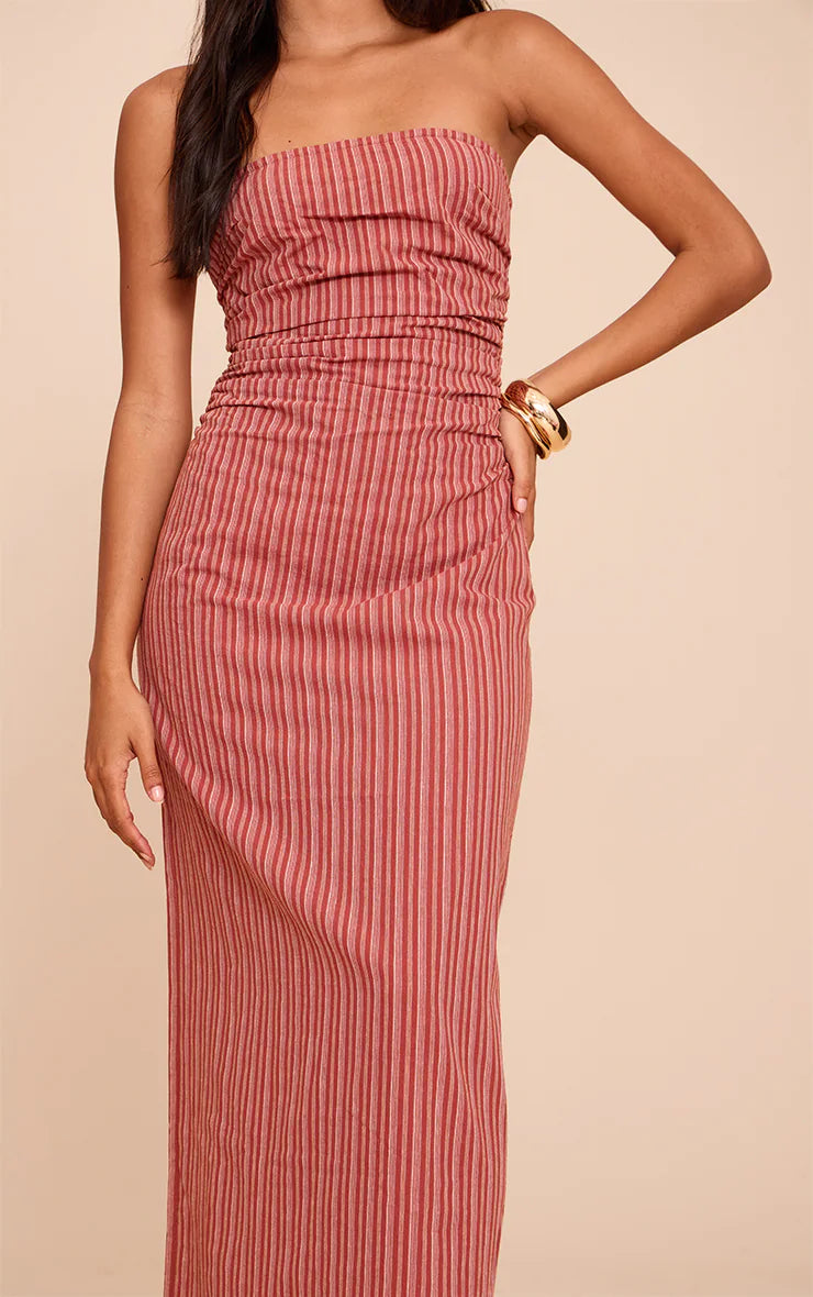 Rust Striped Bandeau Ruched Shift Dress