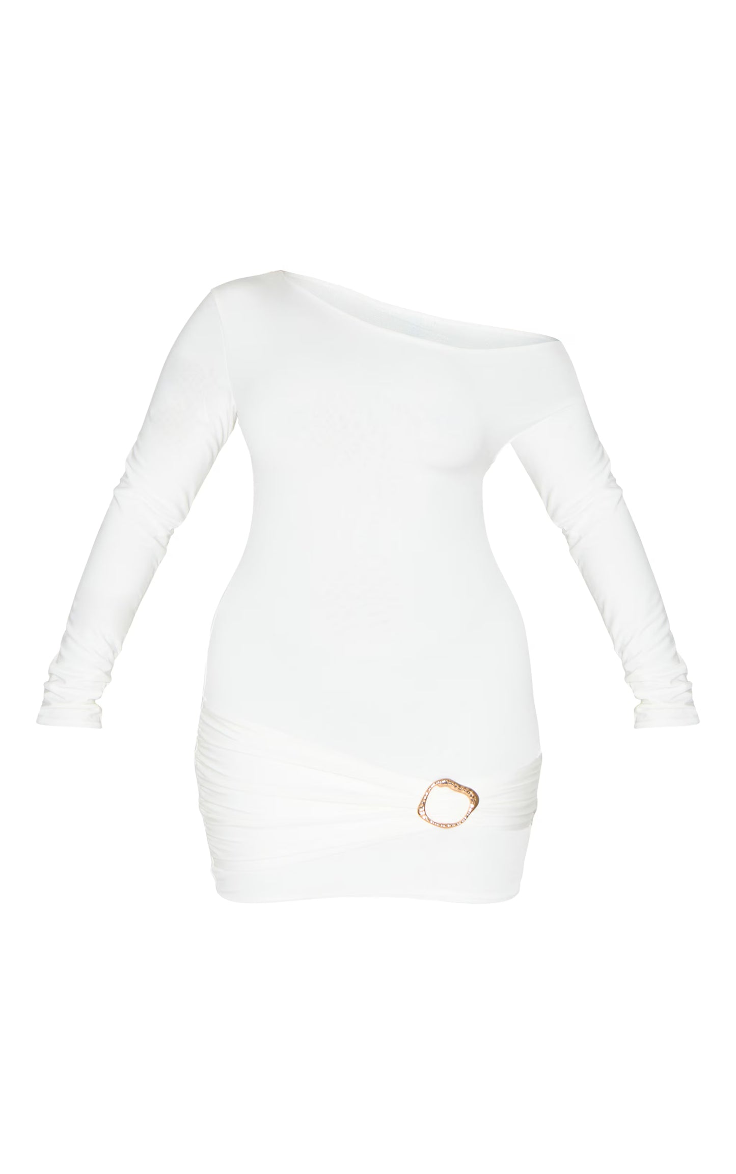 Shape White Off Shoulder Long Sleeve Gold Trim Mini Dress