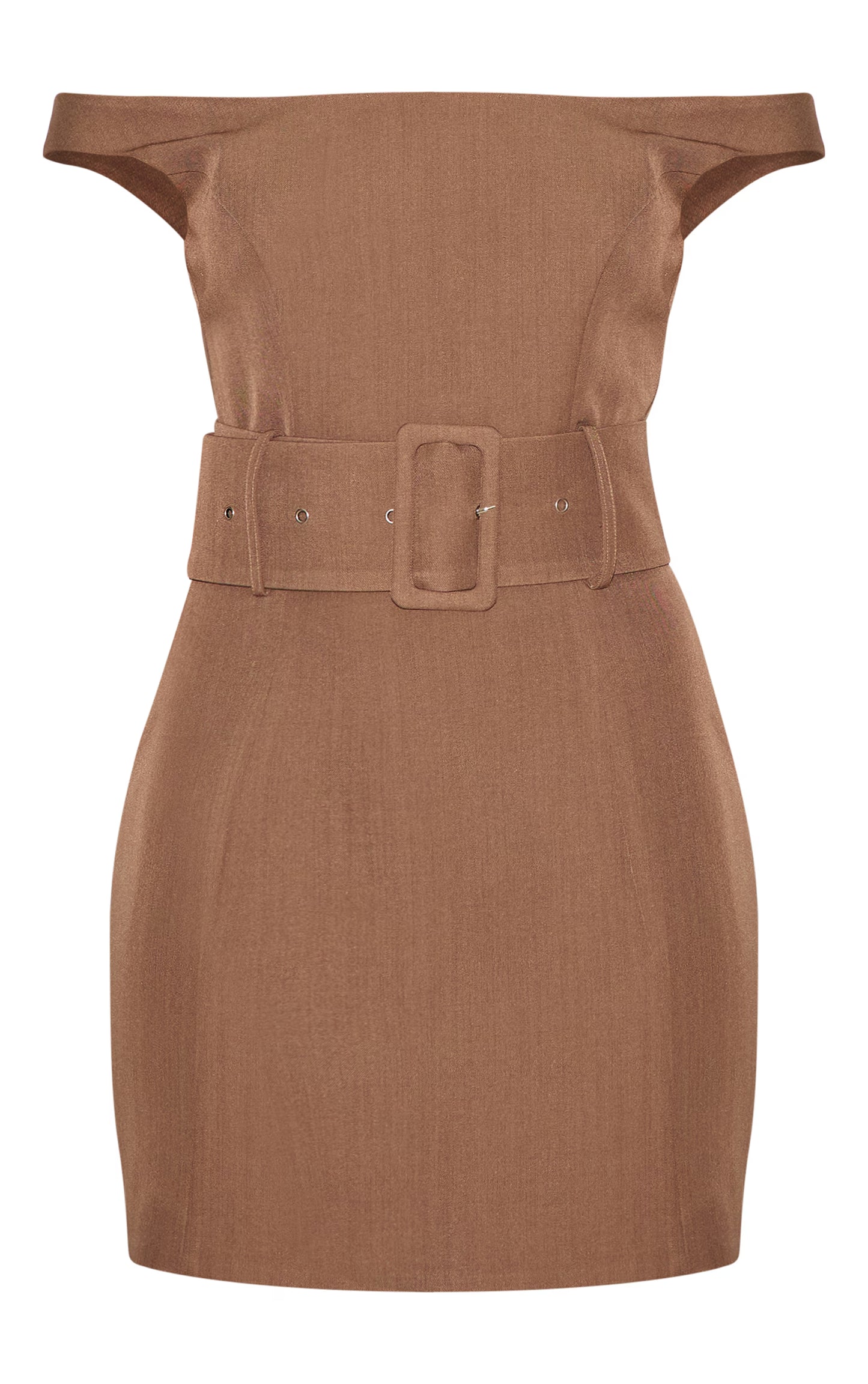 Taupe Woven Off Shoulder Belt Detail Mini Dress
