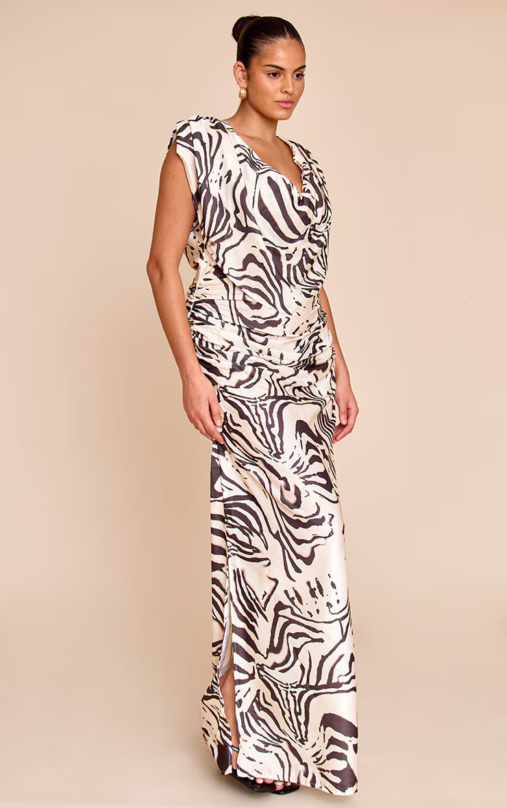 Plus Monochrome Printed Extreme Cowl Ruched Detail Maxi Dress