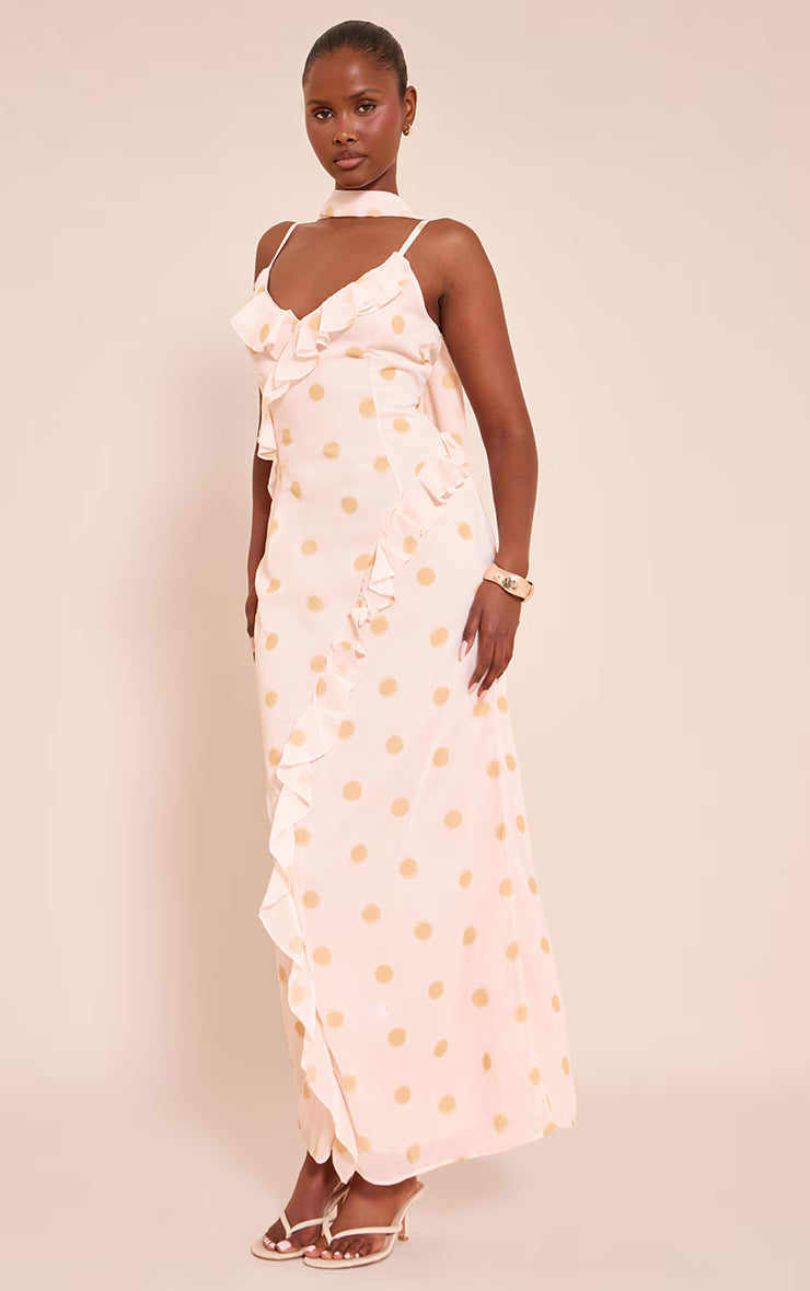 Lemon Polka Dot Printed Chiffon Frill Details Strappy Maxi Dress