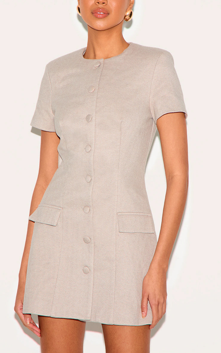 Mushroom Herringbone Tailored Short Sleeve Mini Dress