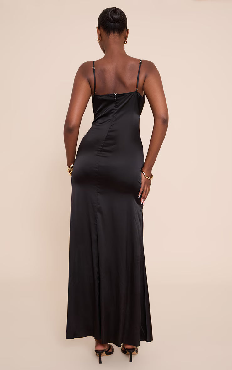 Black Satin Strappy Maxi Dress