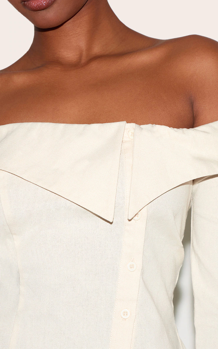 Butter Yellow Linen Blend Bardot Button Up Shirt