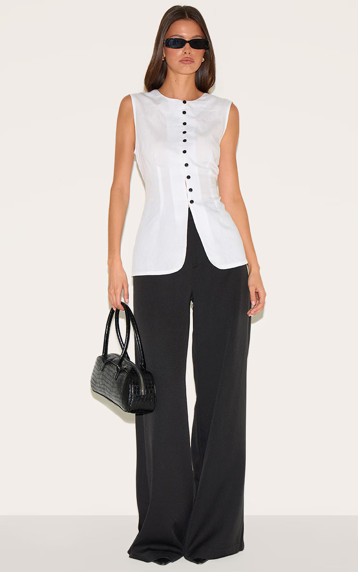 White Linen Blend Button Vest