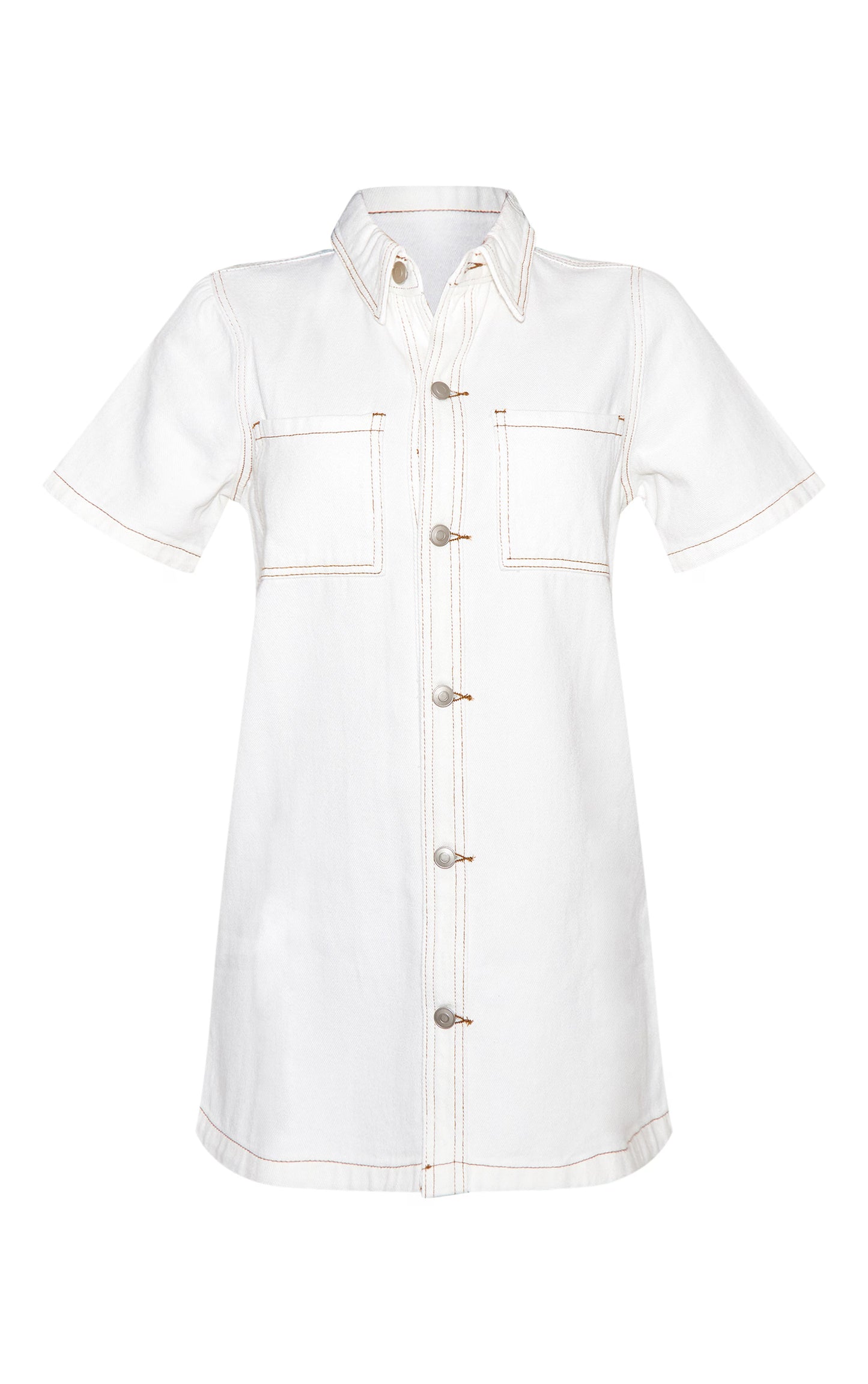 White Contrast Stitch Denim Shirt Dress