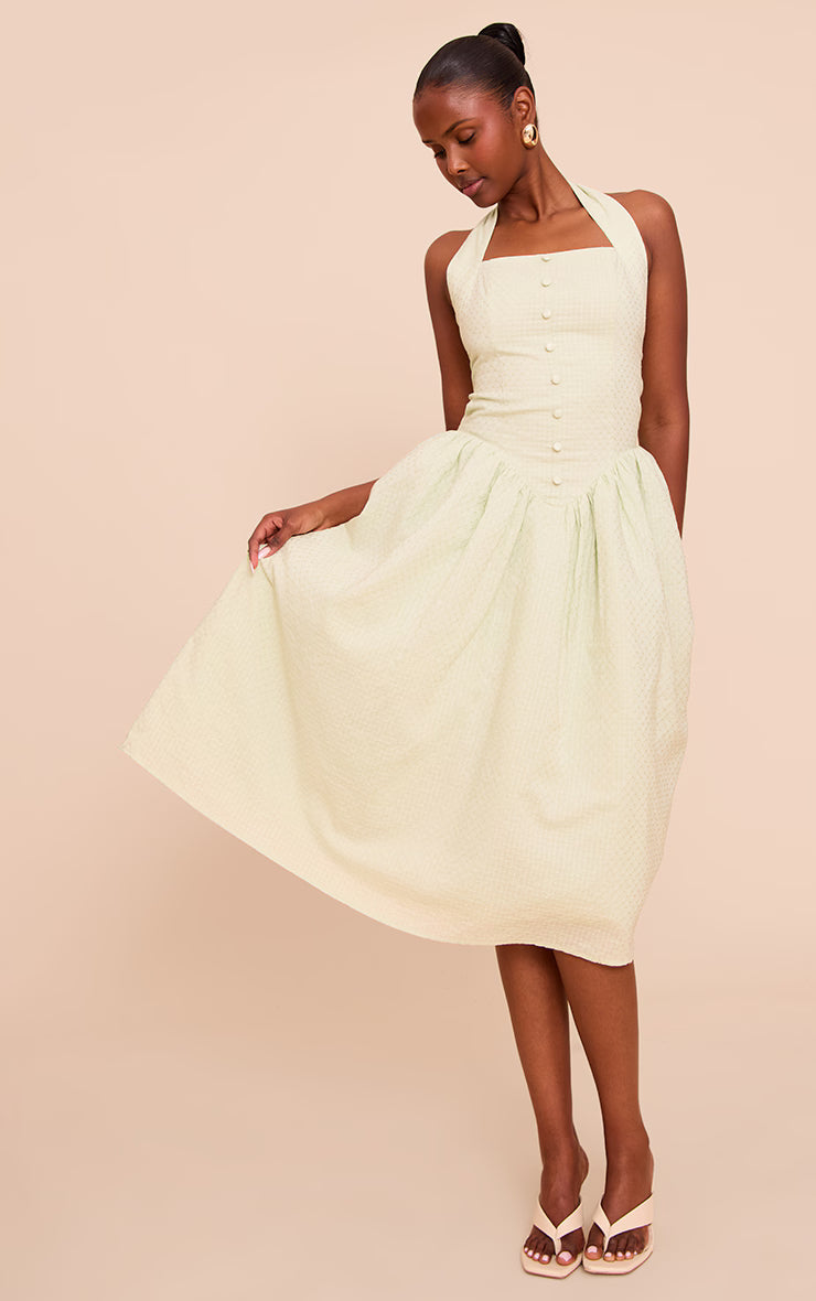Sage Embroidered Cotton Halterneck Midaxi Dress