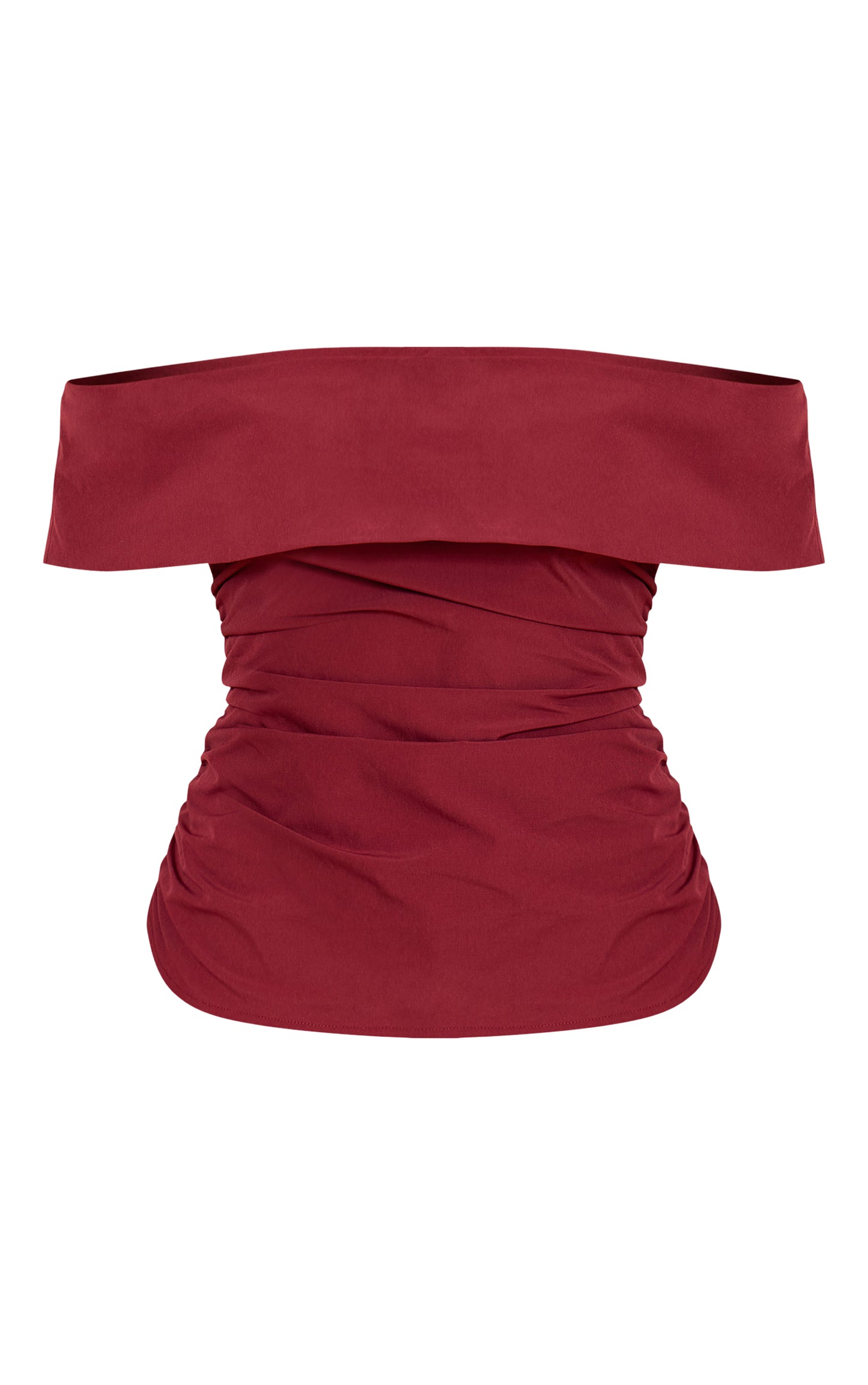 Deep Red Woven Bardot Ruched Side Long Top