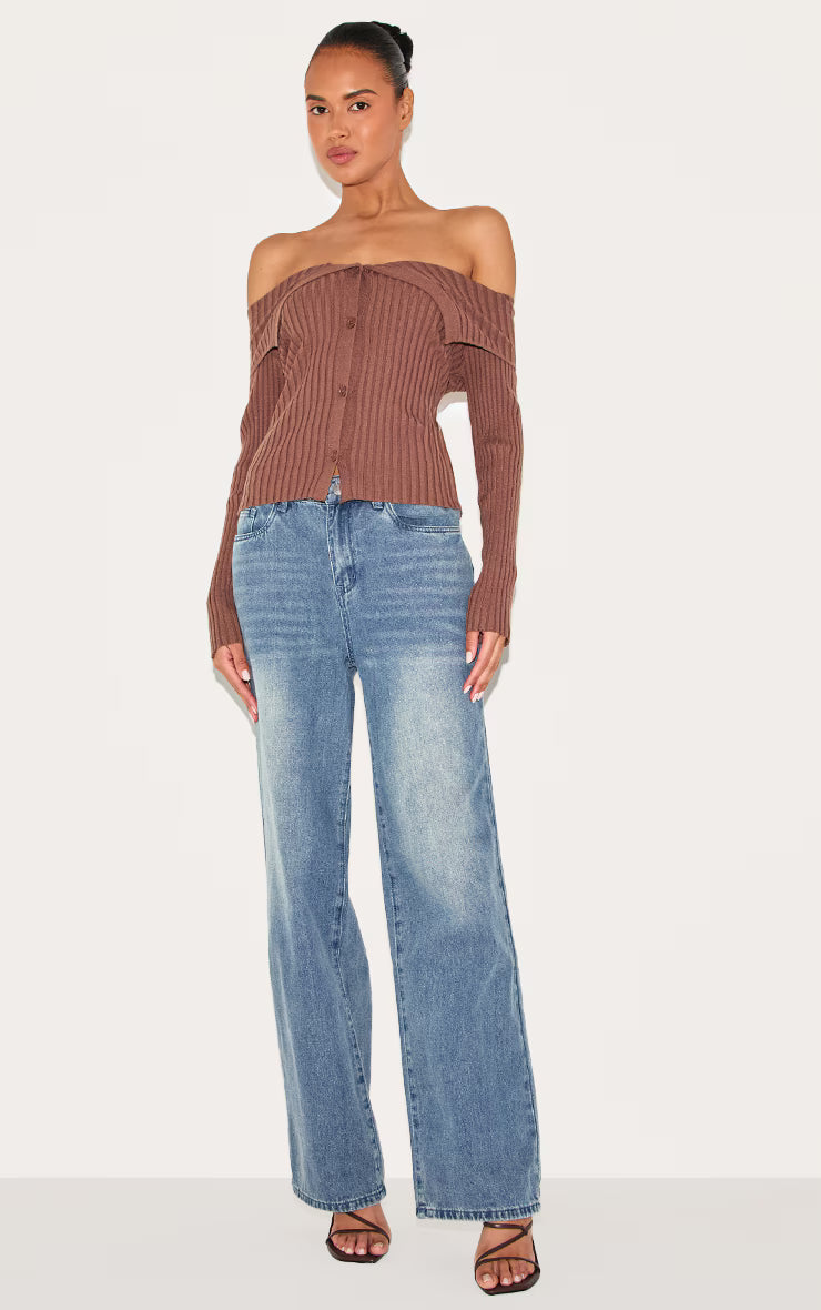 Ash Brown Rib Knit Fold Over Button Up Top