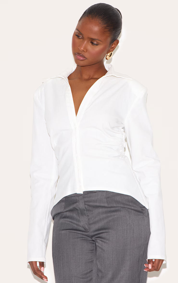 White Linen Blend Shoulder Padded Fitted Shirt