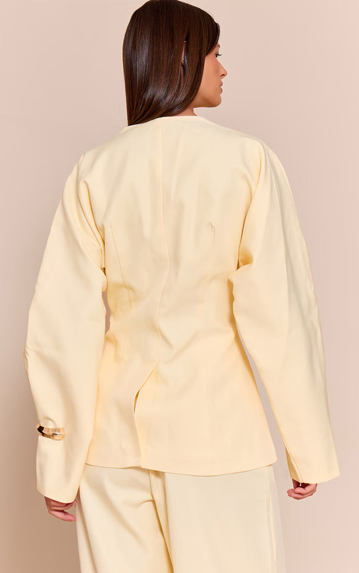 Butter Cream Premium Woven Tailored Collarless Blazer