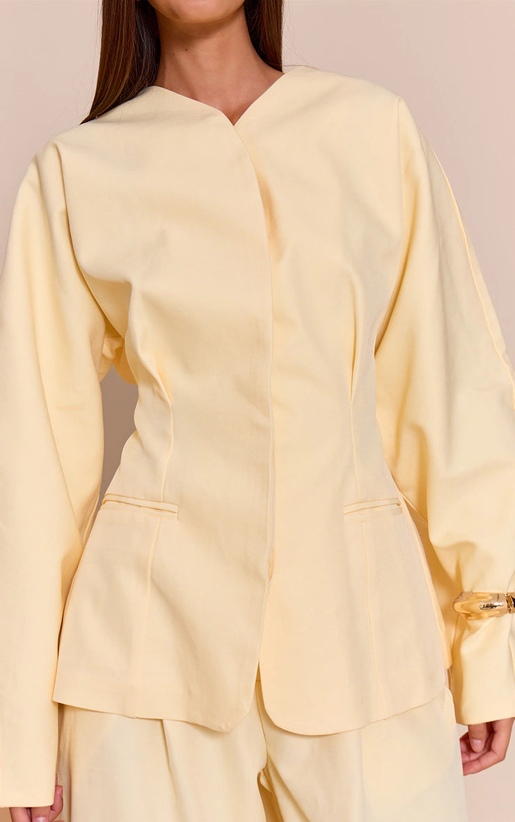 Butter Cream Premium Woven Tailored Collarless Blazer