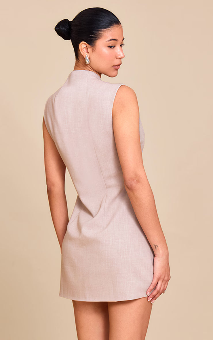 Sand Woven Collarless Button Mini Dress