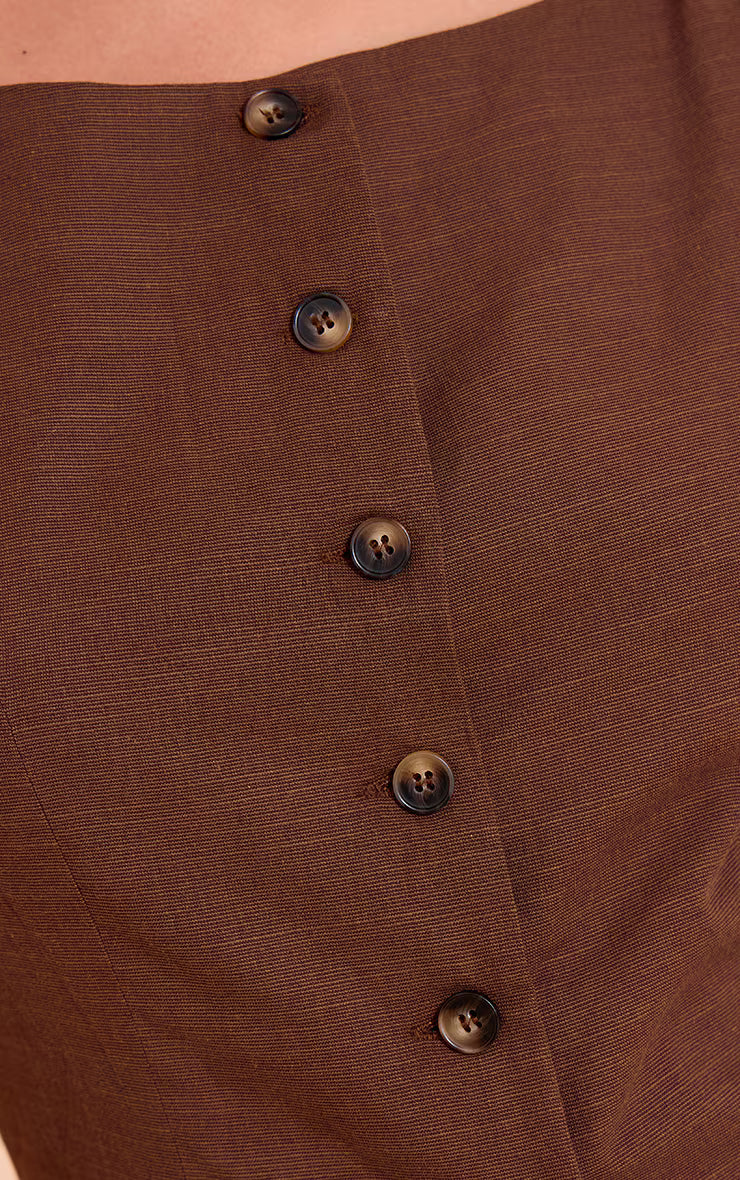 Chocolate Square Neck Linen Look Longline Vest