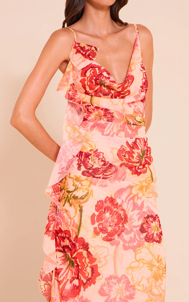 Pink Floral Printed Chiffon Strappy Frill Detail Maxi Dress