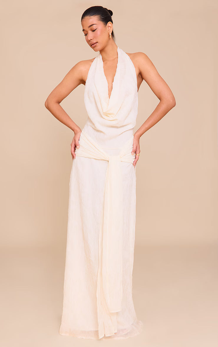 Natural Textured Cowl Neck Wrap Maxi Dress