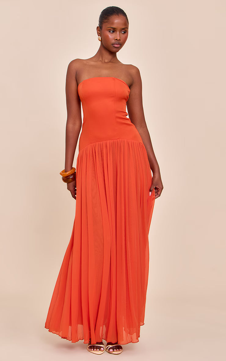 Orange Bandeau Chiffon Pleated Maxi Dress