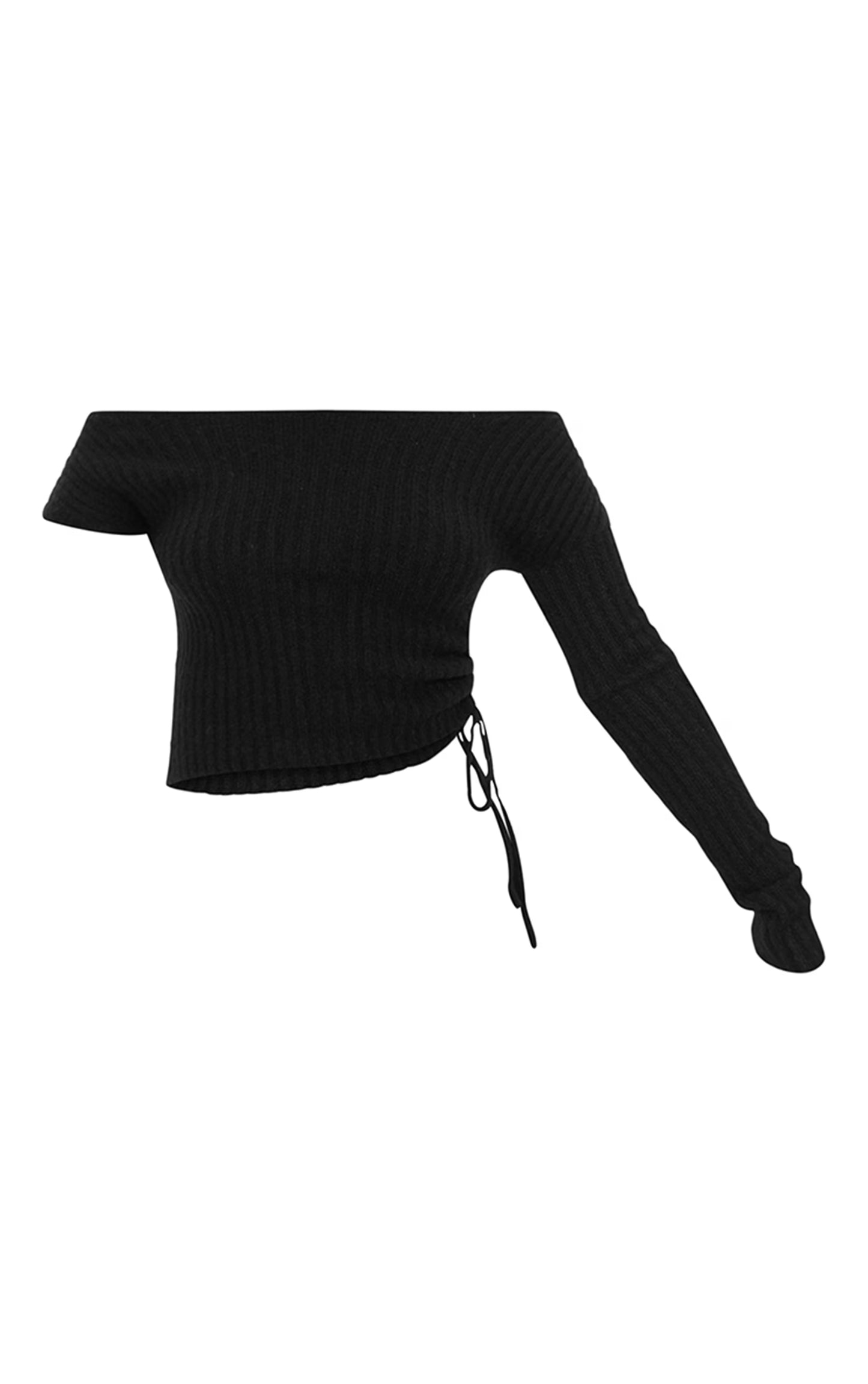 Black Ribbed Knit One Sleeve Ruched Side Top