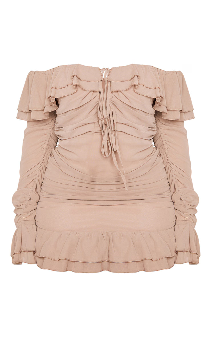 Plus Mocha Bardot Ruffle Detail Shift Dress