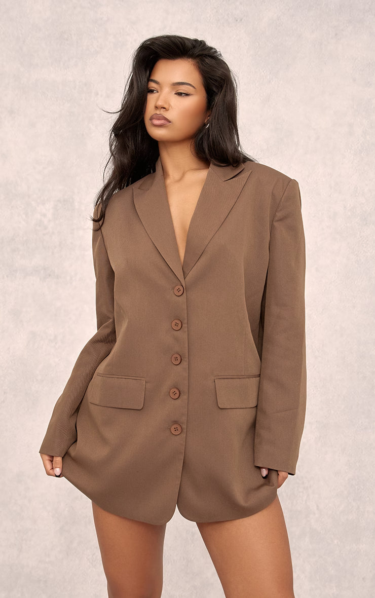Chocolate Twill Shoulder Pad Oversized Blazer Dress