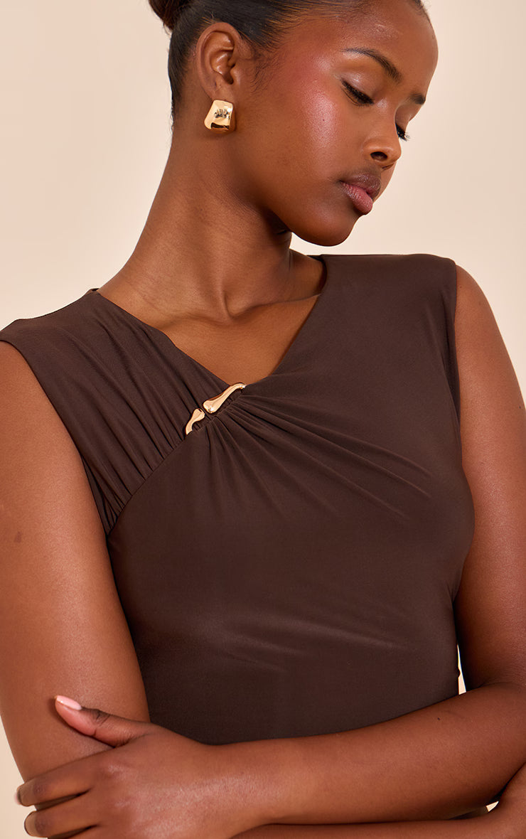 Chocolate Double Layer Ruched Trim Detail Mini Dress