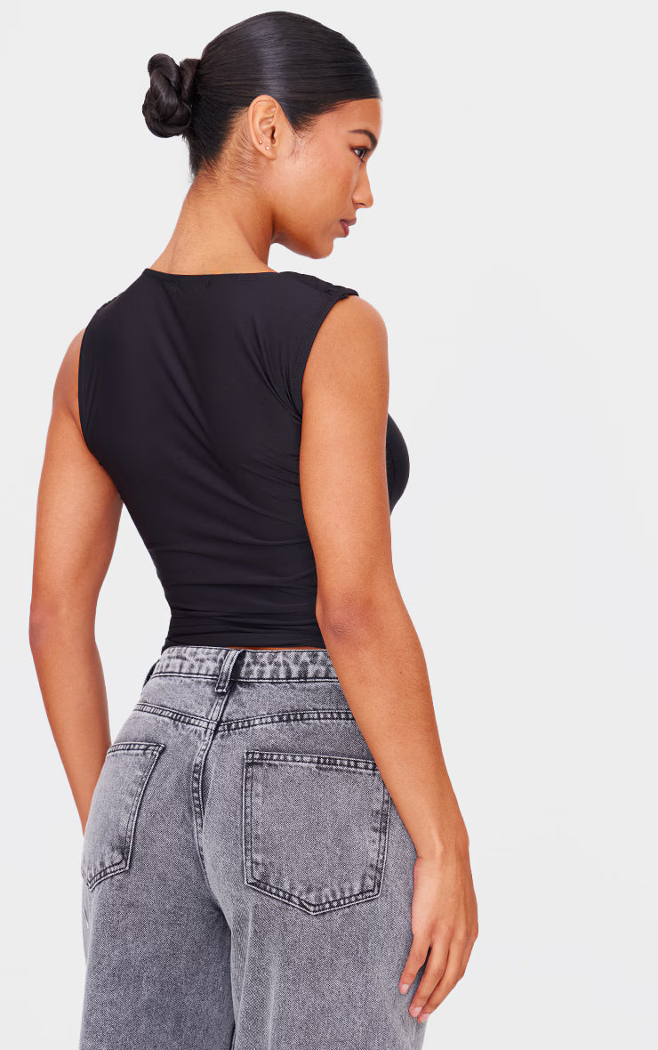 Black Slinky Knot Strap Detail Long Top