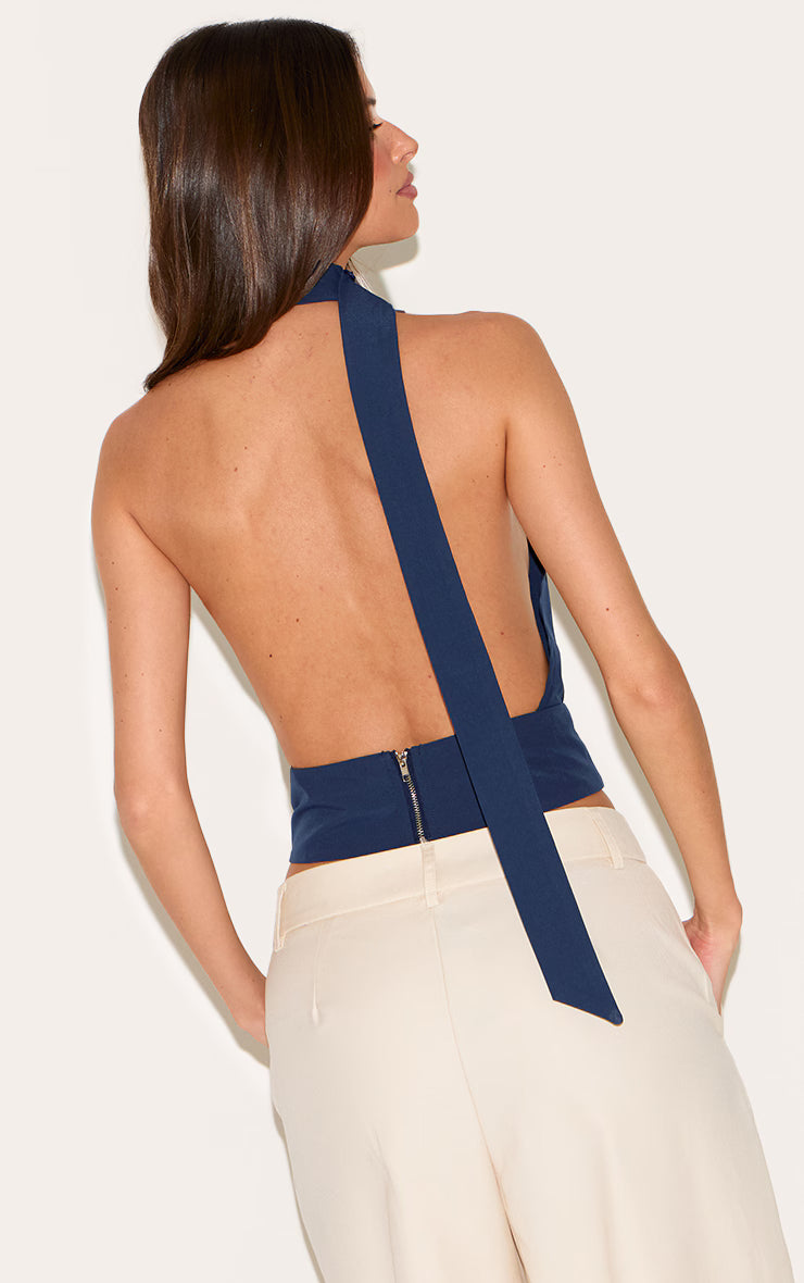 Navy Backless Halterneck Top