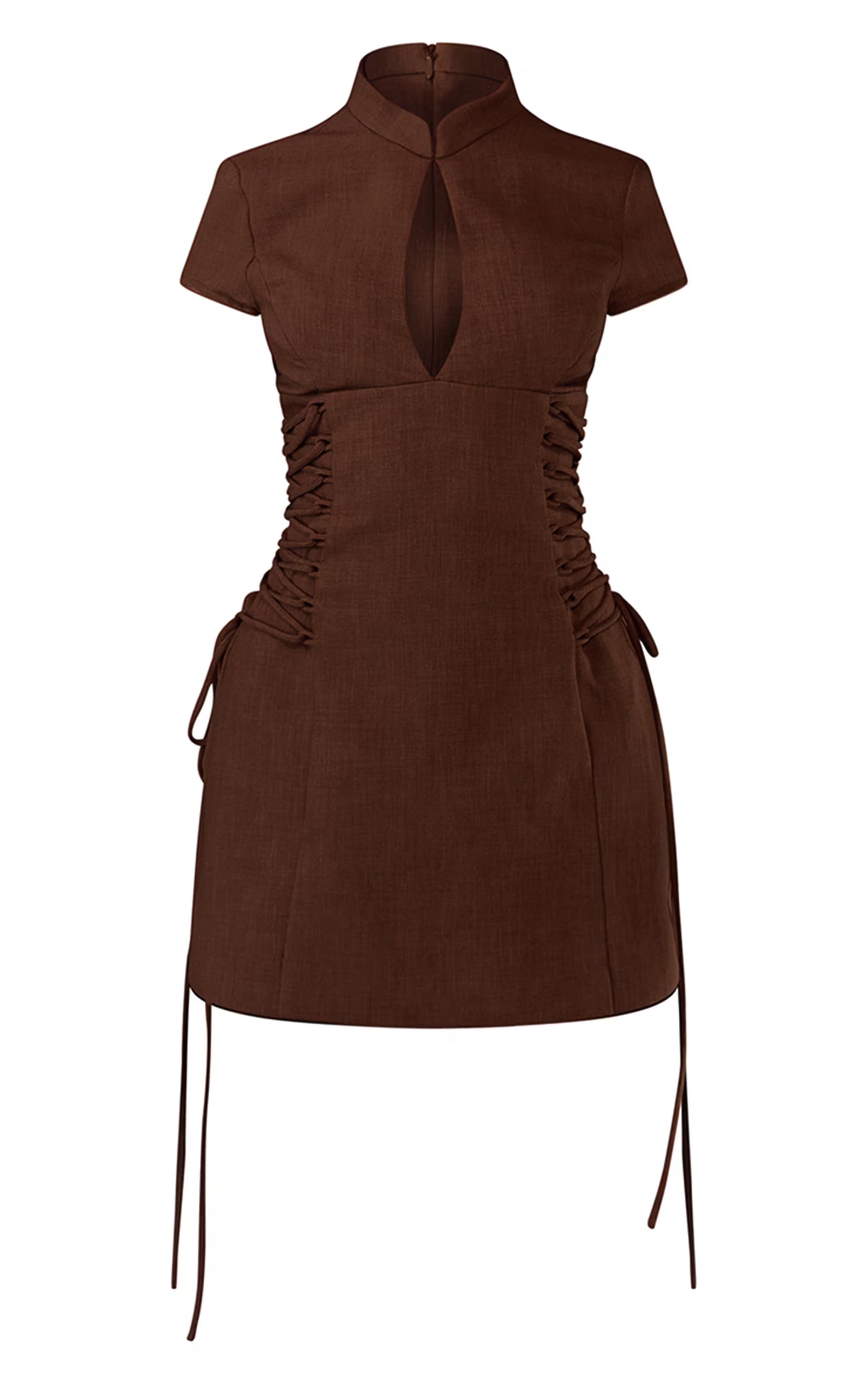 PLT Label Mocha Tailored Band Collar Lace Up A-line Dress