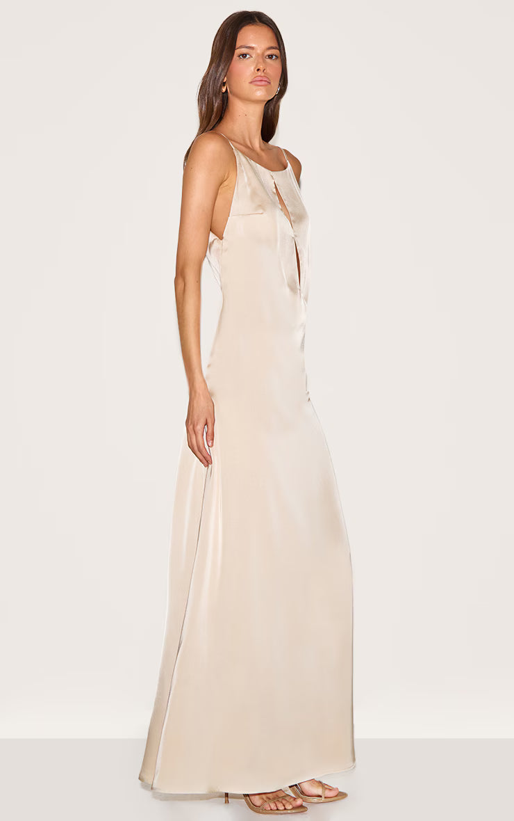 Natural Satin Keyhole Cut Out Slip Dress