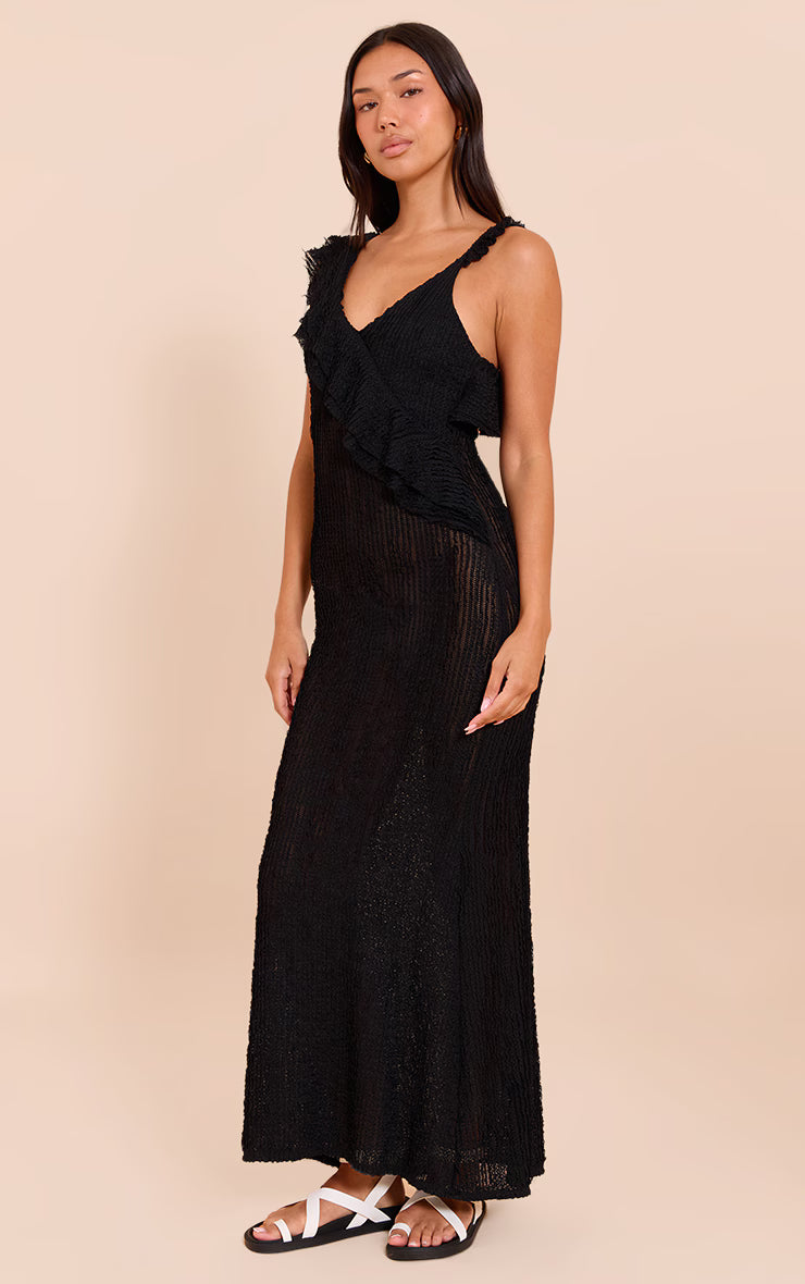 Black Textured Asymmetric Neck Maxi Dress