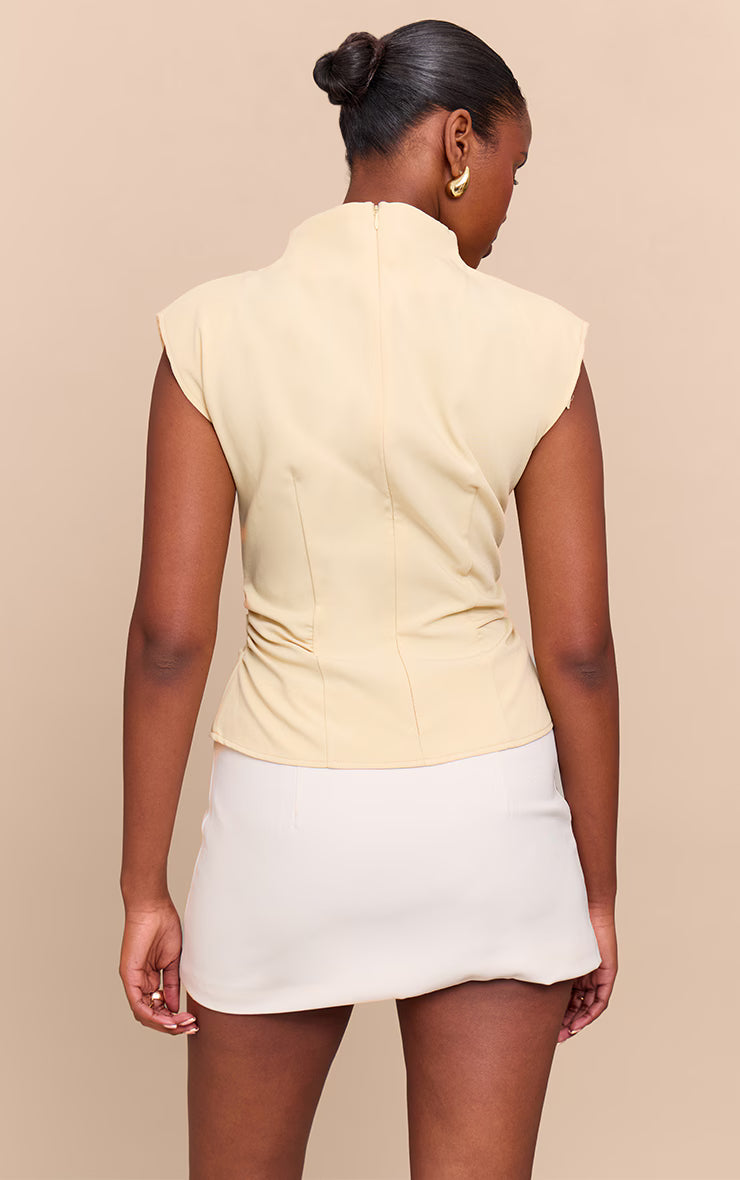 Butter Yellow Ruched Woven Shoulder Pad Top