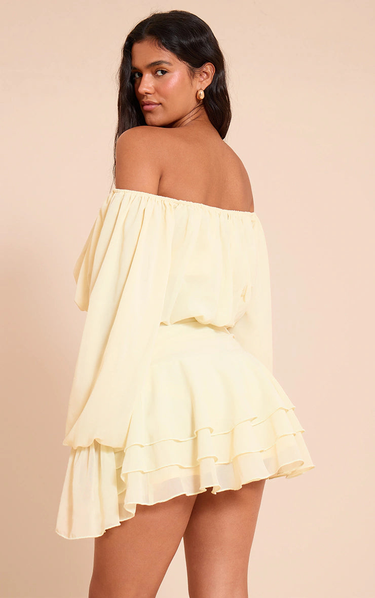 Lemon Chiffon Bardot Balloon Sleeve Top