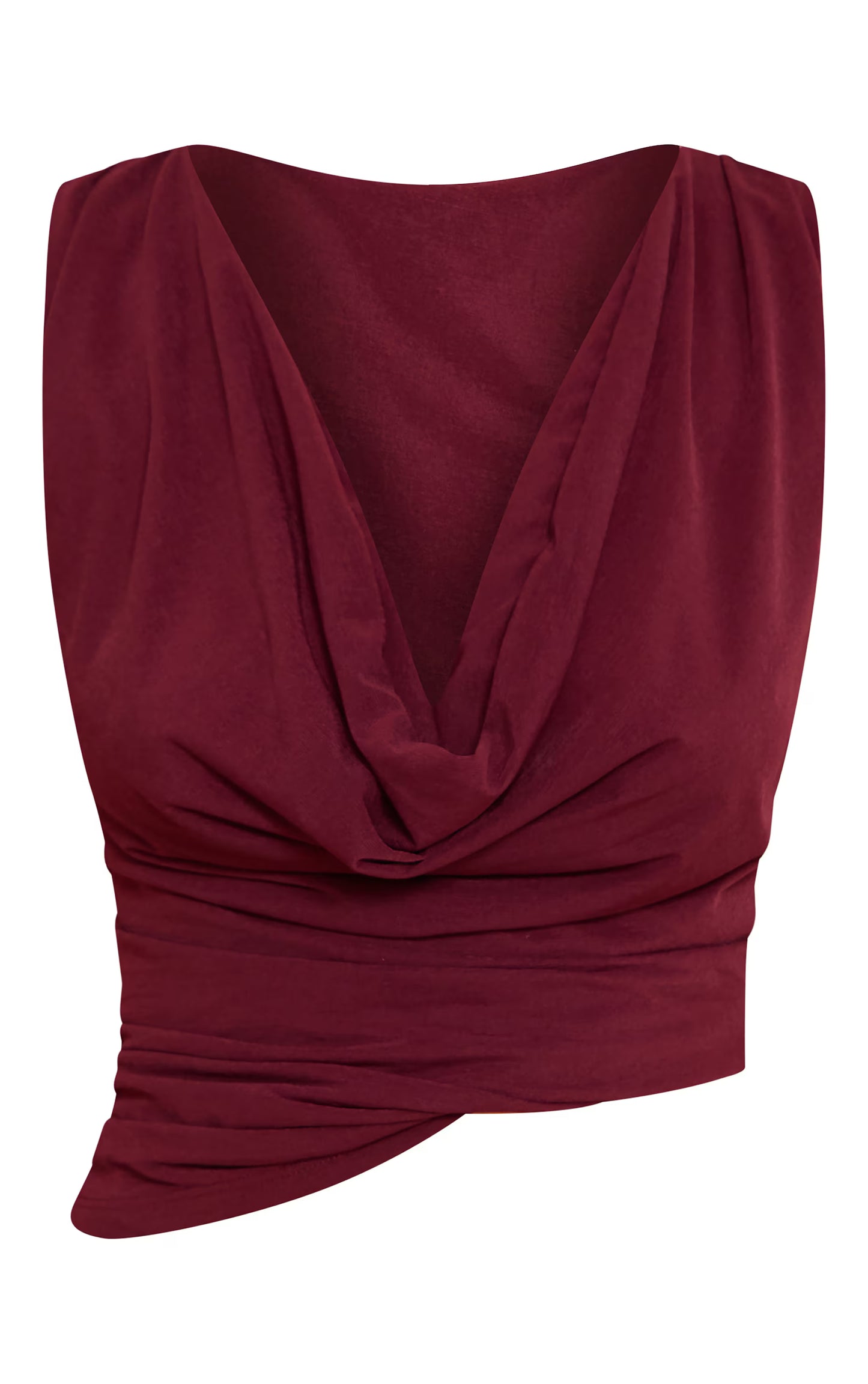 Wine Stretch Chiffon Cowl Neck Long Top